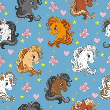 Seamless vector pattern with pony heads and flowers blue Stock Illustration