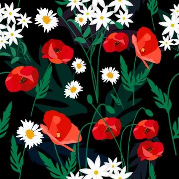 Seamless vector pattern of poppy and daisies flowers on black background for Illustrazione stock