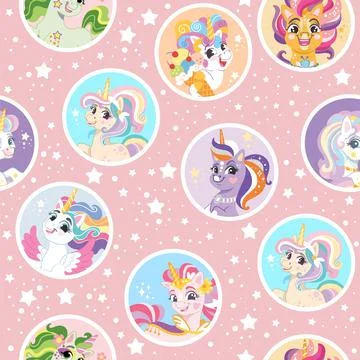Seamless vector pattern portraits of cartoon unicorns illustration Stock Illustration