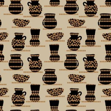 Seamless vector pattern with pottery in black and gold colors Stock Illustration