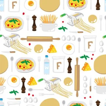 Seamless vector pattern of the products for cooking spaghetti. Stock Illustration