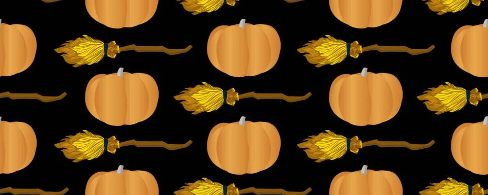 Seamless vector pattern. Pumpkin and flying broom. Broom for flying. Magic an Stock Illustration