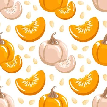 A seamless vector pattern of pumpkin pieces and seeds, warm orange tones, crisp 스톡 일러스트