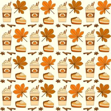 Seamless vector pattern of pumpkin spice latte cup pumpkin pie and chestnut.. Stock Illustration