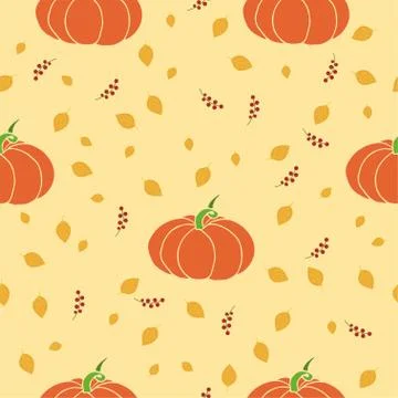Seamless vector pattern with pumpkins and autumn leaves, hand drawn. Stock Illustration
