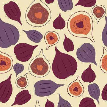 Seamless vector pattern of purple figs and cut figs on a light background Stock Illustration