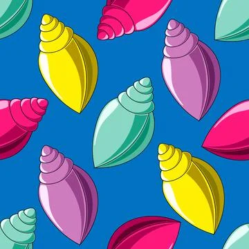 Seamless vector pattern with purple, yellow, dark pink and blue seashells Illustrazione stock