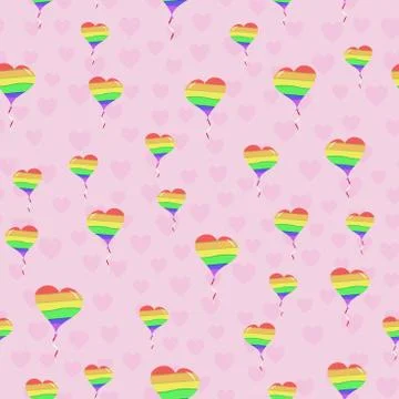 Seamless vector pattern with rainbow LGBT hearts balloon on pink background 스톡 일러스트