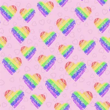 Seamless vector pattern with rainbow LGBT hearts shaded lines on pink background Stock Illustration