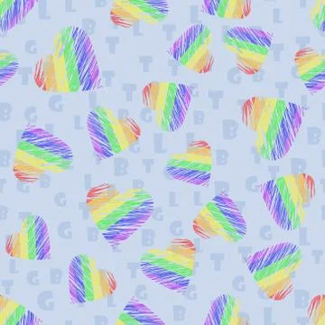 Seamless vector pattern with rainbow LGBT hearts shaded lines on blue background Stock Illustration