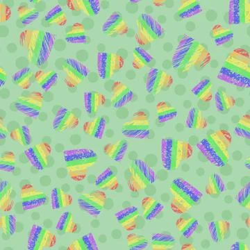 Seamless vector pattern with rainbow LGBT hearts shaded lines on green Stockillustratie