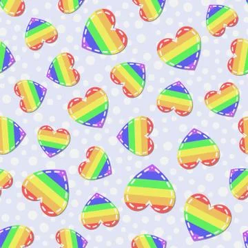 Seamless vector pattern with rainbow LGBT hearts with outline on blue background Stock Illustration