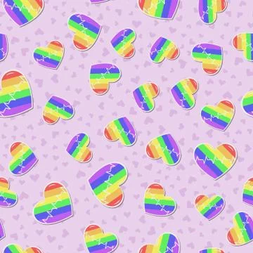 Seamless vector pattern with rainbow LGBT hearts with pulse line on pink Stock Illustration