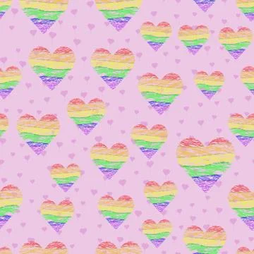 Seamless vector pattern with rainbow LGBT hearts shaded lines on pink background Stock Illustration