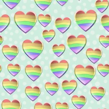 Seamless vector pattern with rainbow LGBT volume hearts on a light green 스톡 일러스트