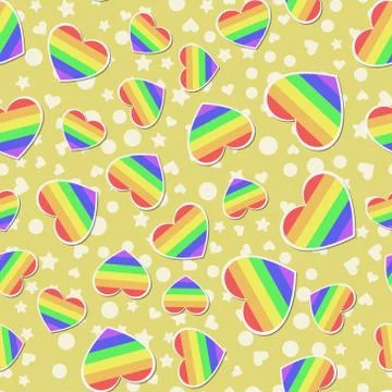 Seamless vector pattern with rainbow LGBT hearts with outline on yellow Stock Illustration
