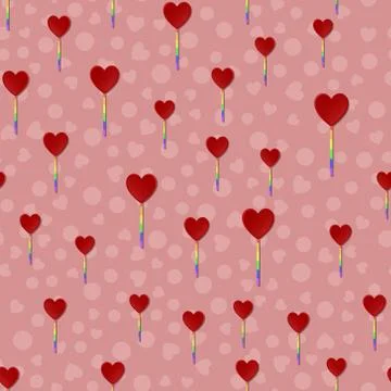 Seamless vector pattern with rainbow LGBT lollipop hearts on red background 库存插图