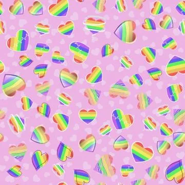 Seamless vector pattern with rainbow LGBT hearts on pink background. Pride flag Stock Illustration