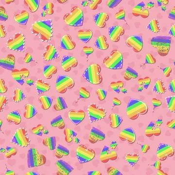 Seamless vector pattern with rainbow LGBT hearts on red background. Pride flag Stock Illustration