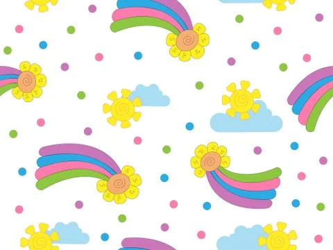 Seamless vector pattern with rainbow. Sun and clouds on children's print pattern Stock Illustration