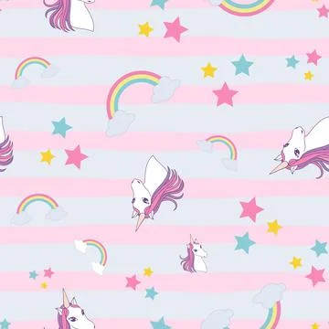 Seamless vector pattern with rainbow, unicorn head and stars on pink stripes Stock Illustration