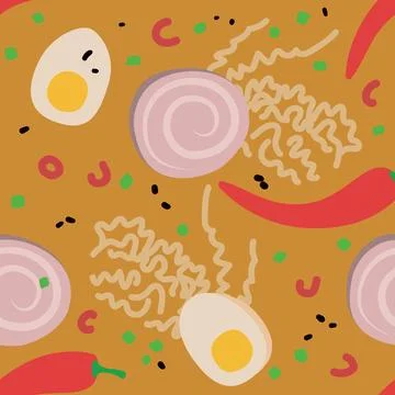 Seamless Vector Pattern of Ramen Soup Components Featuring Meat, Noodles, Eggs Stock Illustration