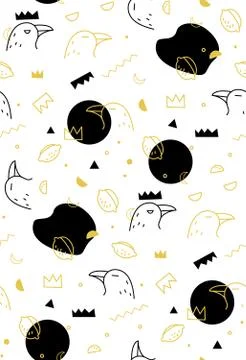 Seamless vector pattern of raven on white background. Decorative texture of crow Stock Illustration