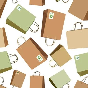 Seamless vector pattern with recycled eco shopping bags on white background.. Illustrazione stock