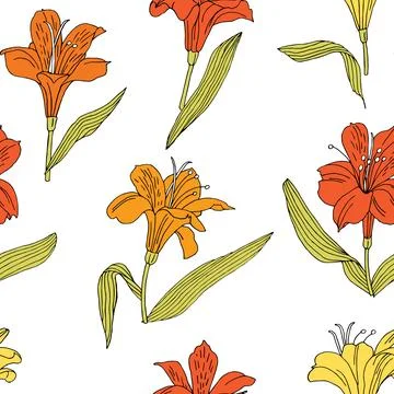 Seamless vector pattern with red and orange alstroemeria on a white backgroun Stock Illustration