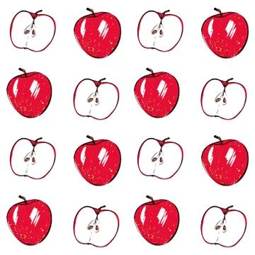 Seamless vector pattern with red apple on a white isolated background. Hand Stock Illustration