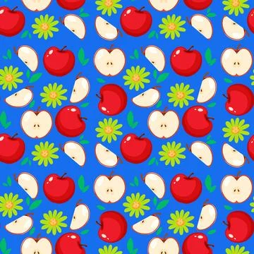 Seamless Vector Pattern with Red Apples and Green Flowers Illustrazione stock