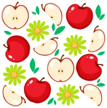 Seamless Vector Pattern of Red Apples and Green Flowers Illustrazione stock
