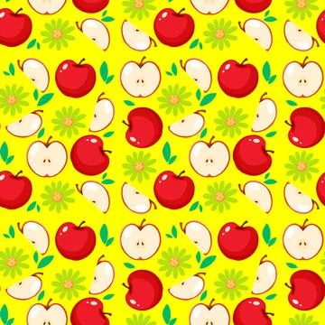 Seamless Vector Pattern with Red Apples and Green Flowers on Yellow Stock Illustration