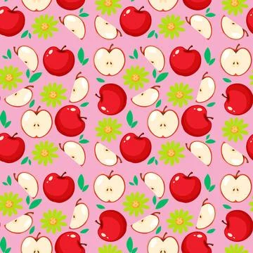 Seamless Vector Pattern with Red Apples and Green Flowers Stock Illustration