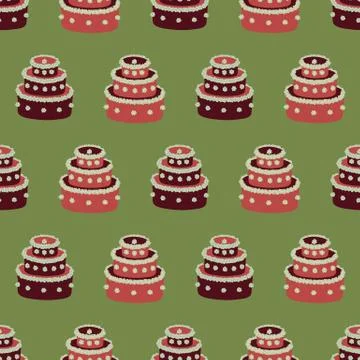 Seamless vector pattern with red christmas cakes on green Stock Illustration