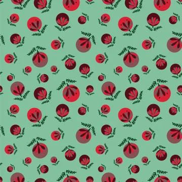 Seamless vector pattern with red christmas baubles on green background Stock Illustration