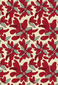 Seamless vector pattern with red feathers arranged into floral poinsettia shapes Stock Illustration