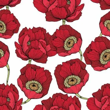Seamless vector pattern with red flowers for design Stock Illustration
