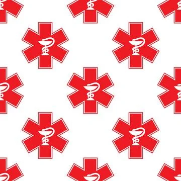 Seamless vector pattern with red medical symbols featuring Rod of Asclepius. Stockillustratie
