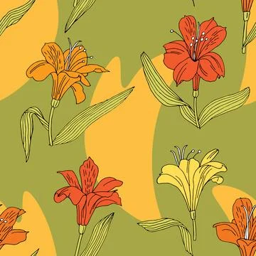 Seamless vector pattern with red, orange and yellow alstroemeria on a green.. Stock Illustration