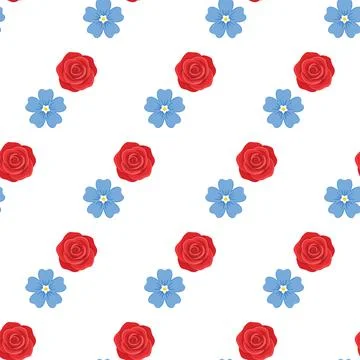 Seamless vector pattern with red roses and blue forget me not flowers on wh.. Illustrazione stock
