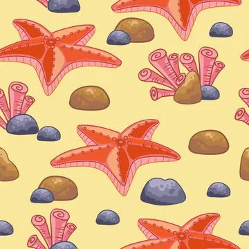 Seamless vector pattern with red starfish and coral Stock Illustration