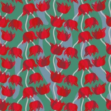 Seamless vector pattern with red tulips on green Stock Illustration