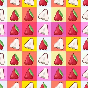 Seamless Vector Pattern of Red Water Apple Fruit on Checkered Background Stock Illustration