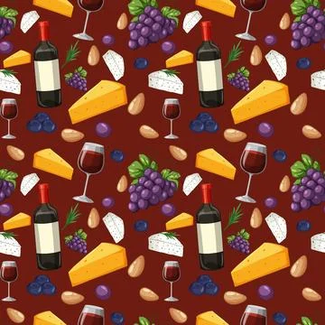 Seamless Vector Pattern with Red Wine Cheese Grapes and Nuts Ilustración de archivo