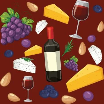 Seamless Vector Pattern with Red Wine Bottle Cheese and Grapes Ilustración de archivo