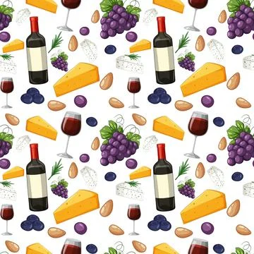 Seamless Vector Pattern with Red Wine Grapes and Cheese Slices Ilustración de archivo