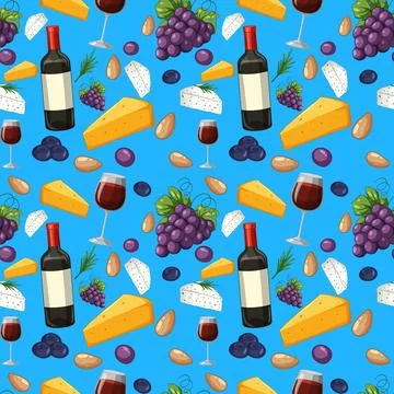 Seamless Vector Pattern with Red Wine Grapes and Cheese イラスト素材
