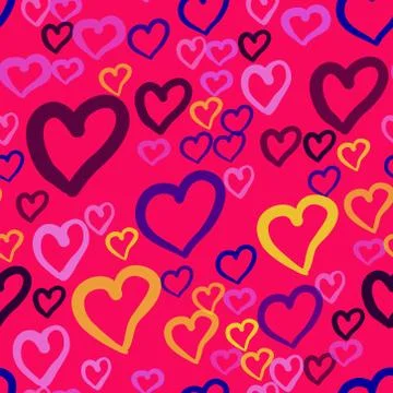 A seamless vector pattern with repeating hearts of different color on pink Stock Illustration