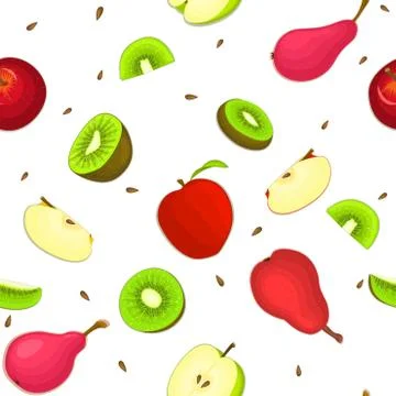 Seamless vector pattern of ripe apple kiwi pear fruit. Stock Illustration